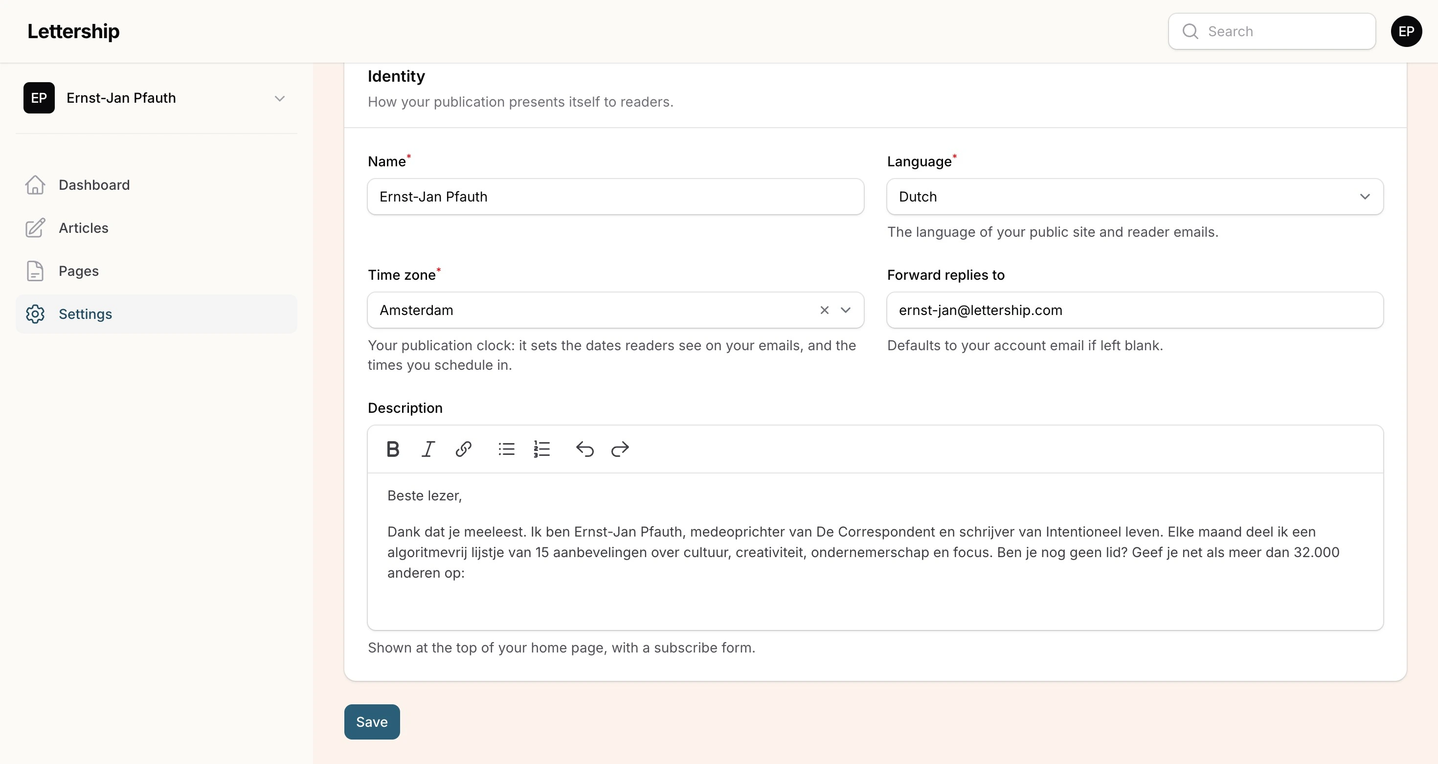 Settings, profile form