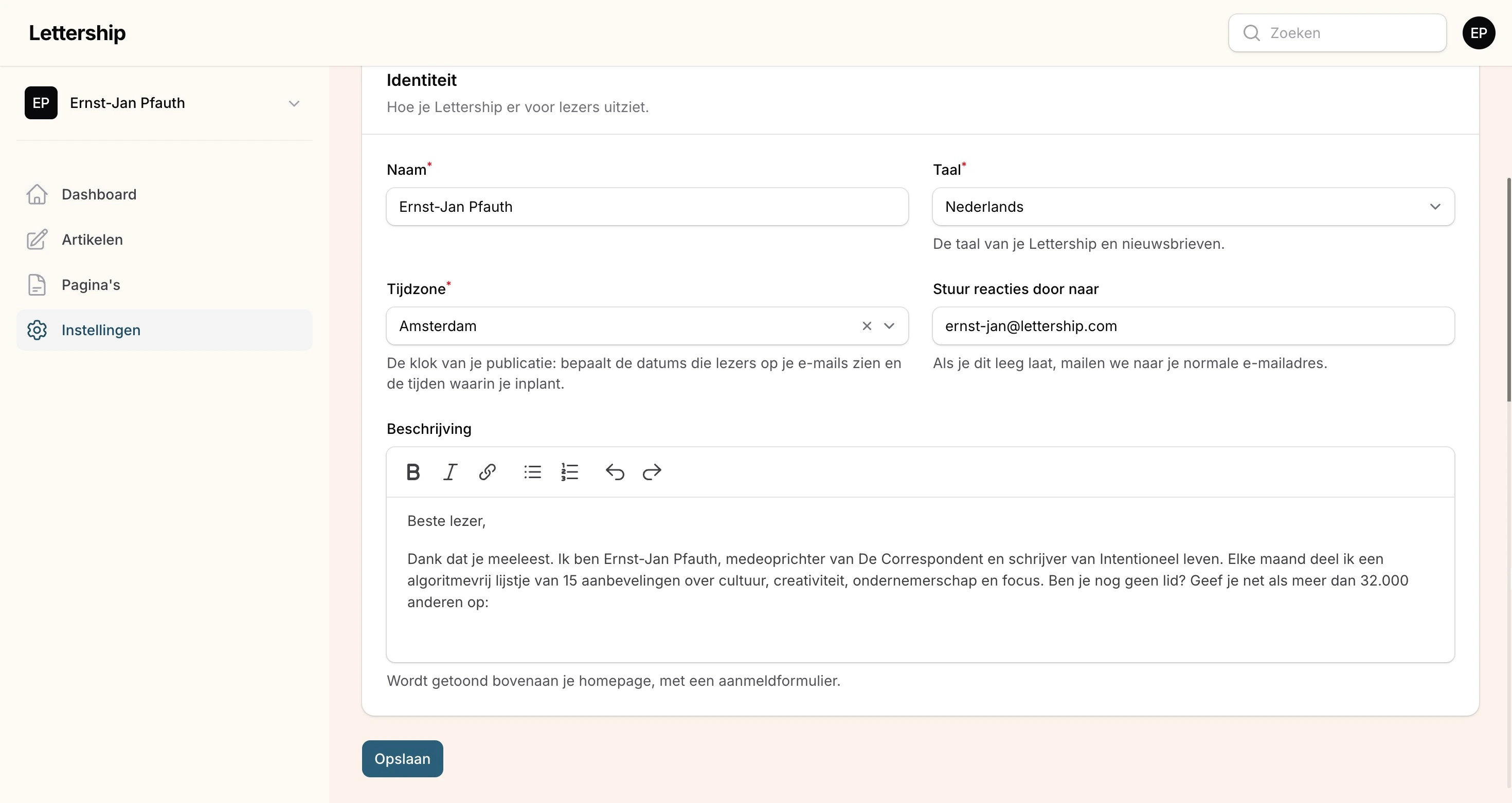 Instellingen profiel formulier