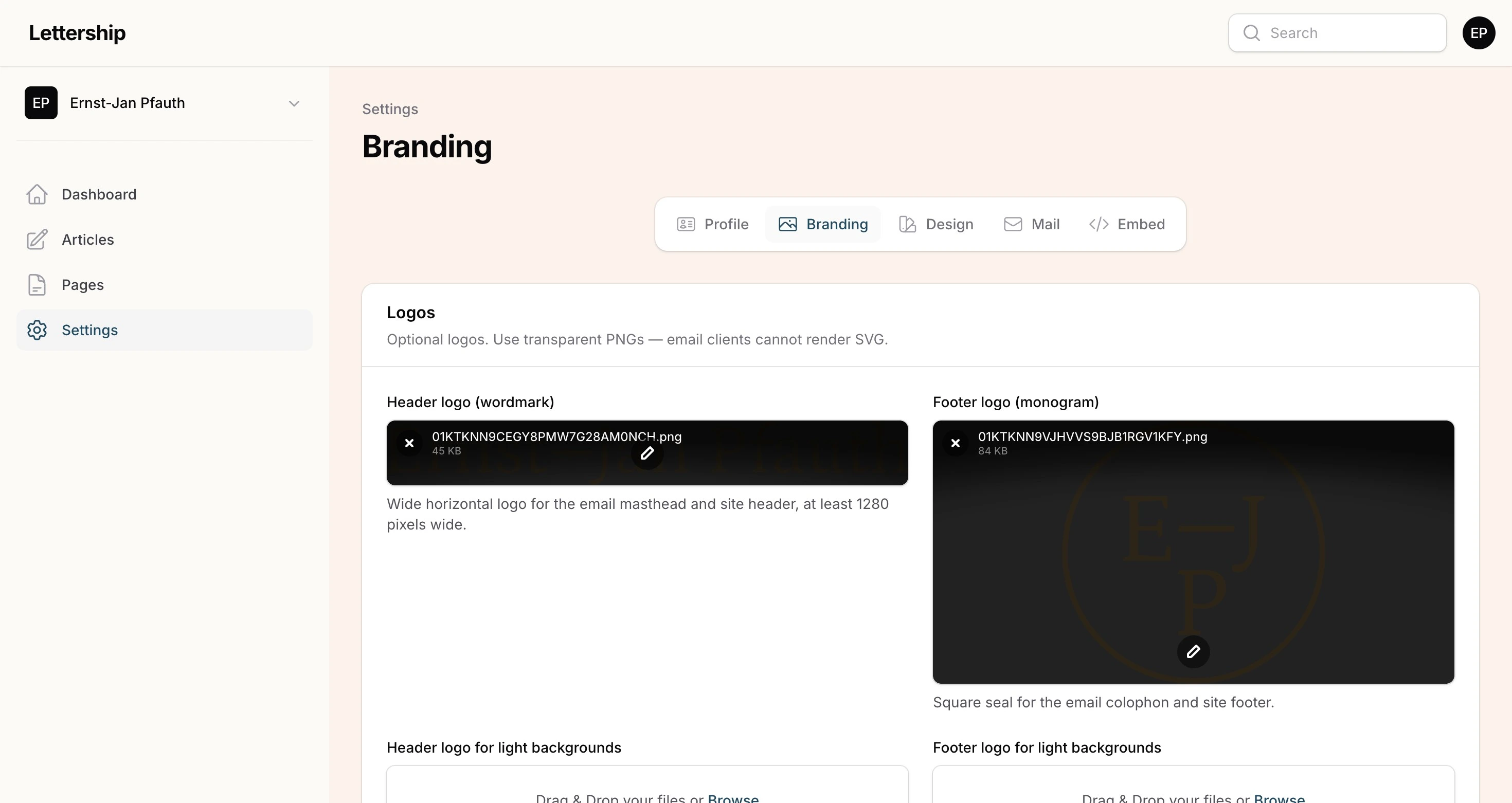 Settings, branding, logos