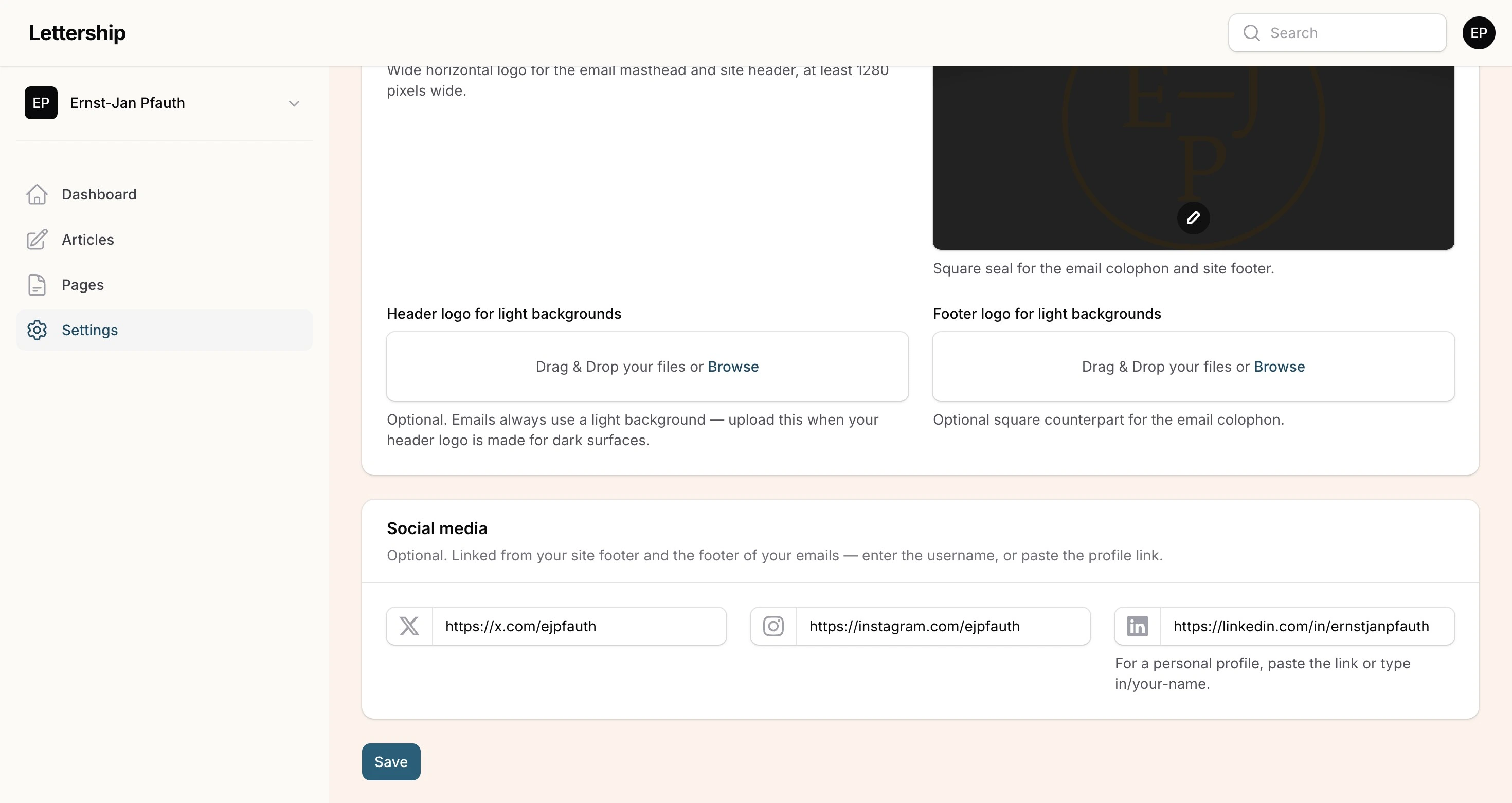 Settings, branding, social links