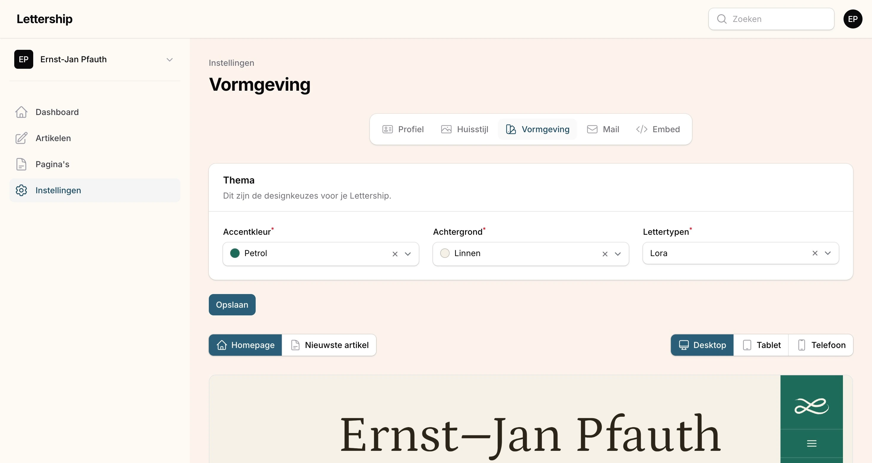 Instellingen vormgeving