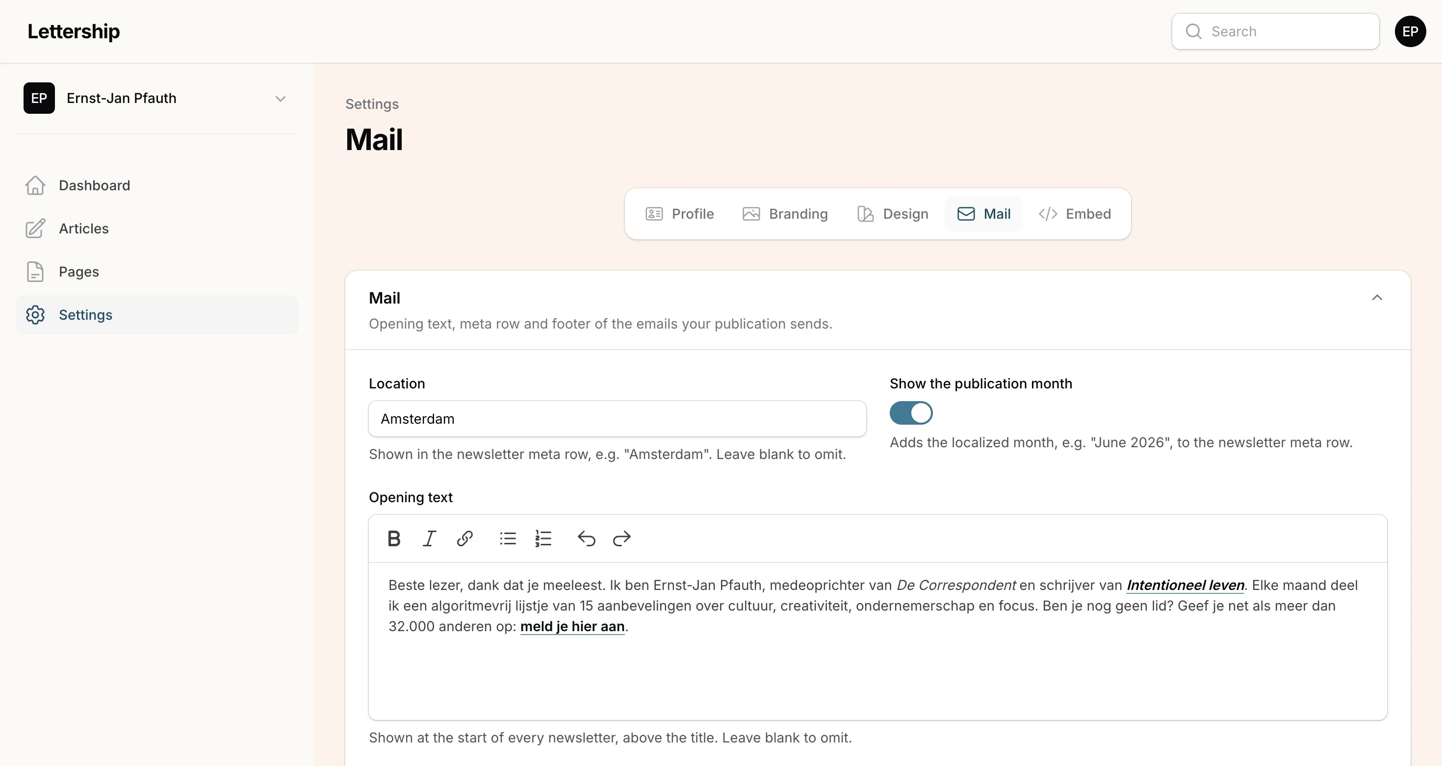 Settings, mail