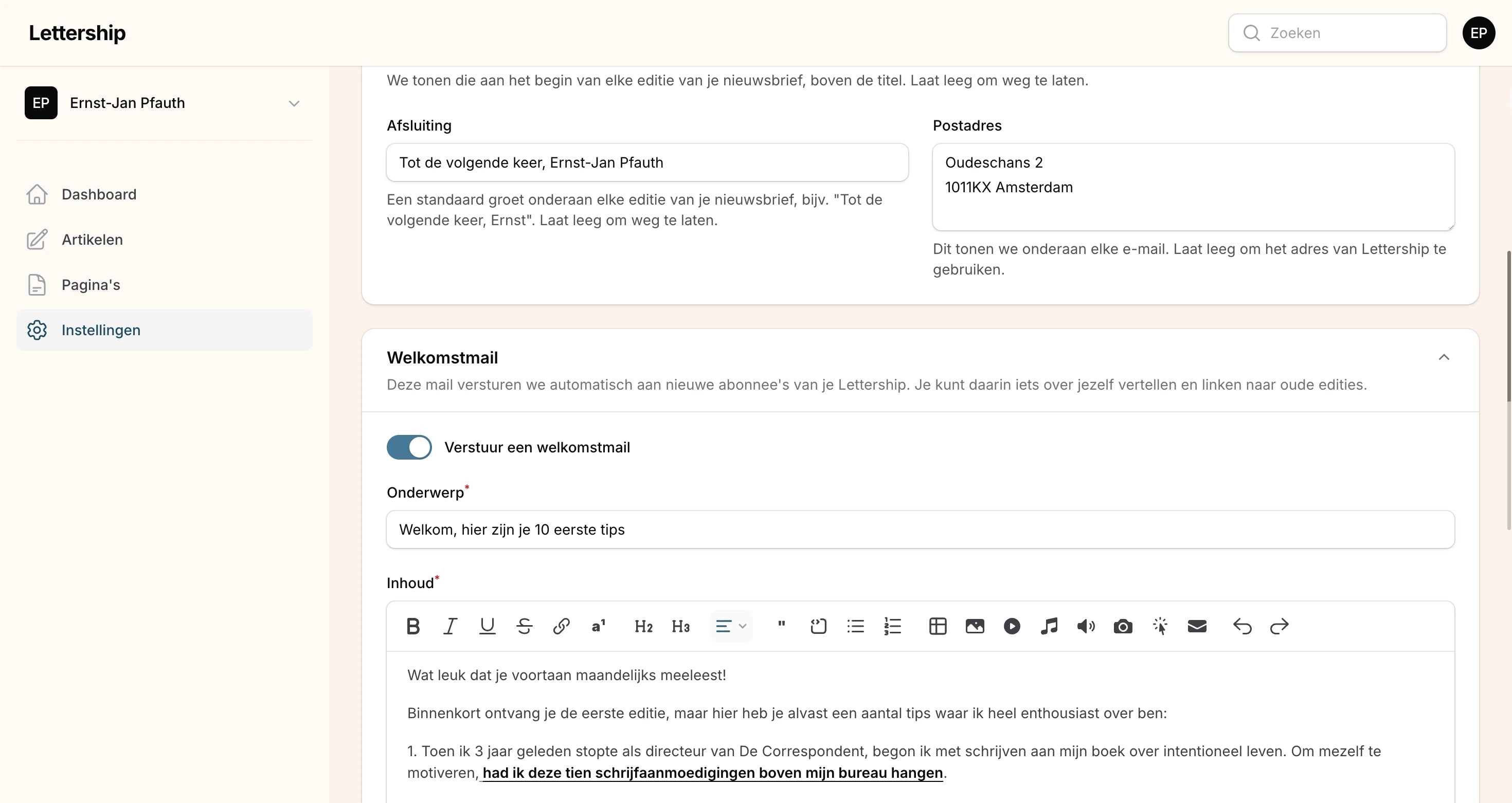 Instellingen mail welkomstmail