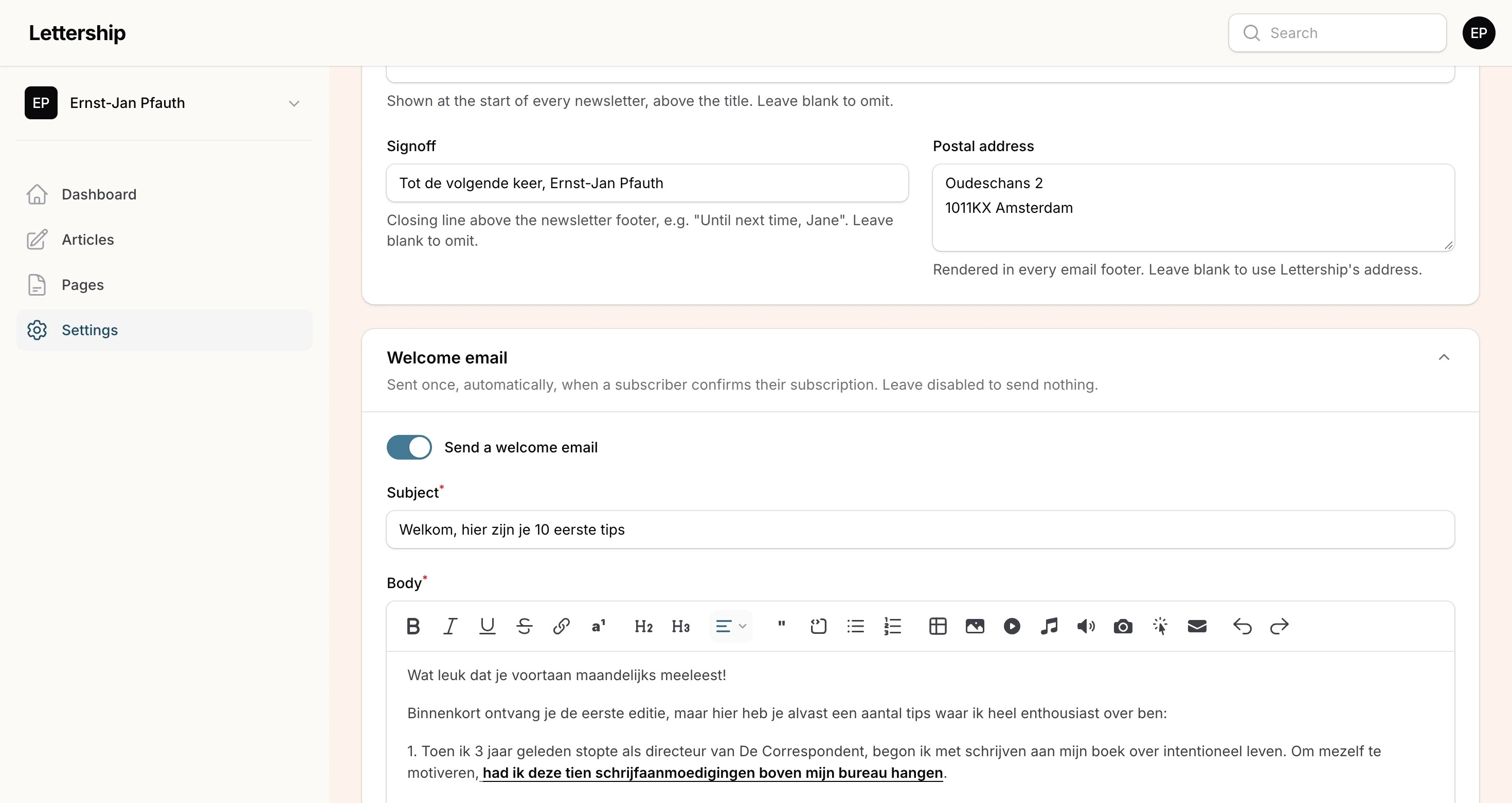 Settings, mail, welcome email