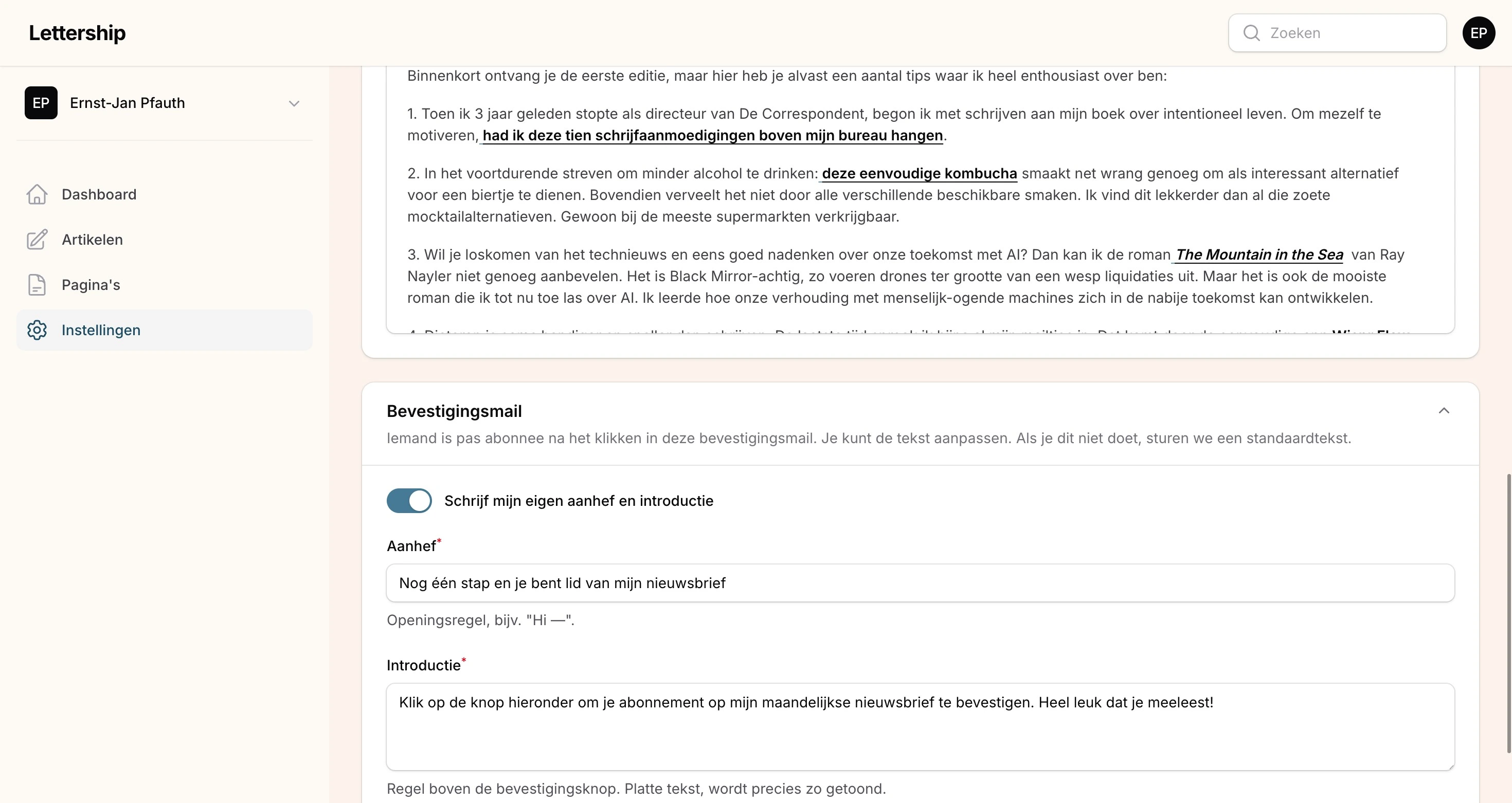Instellingen mail bevestigingsmail