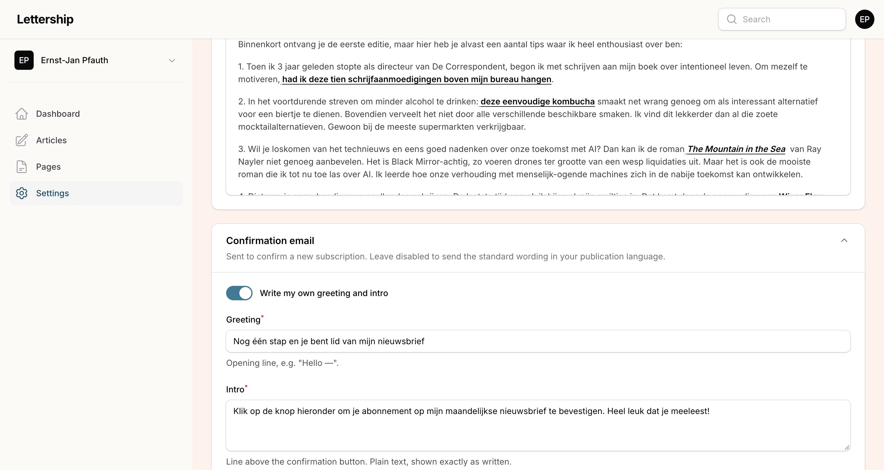Settings, mail, confirmation email