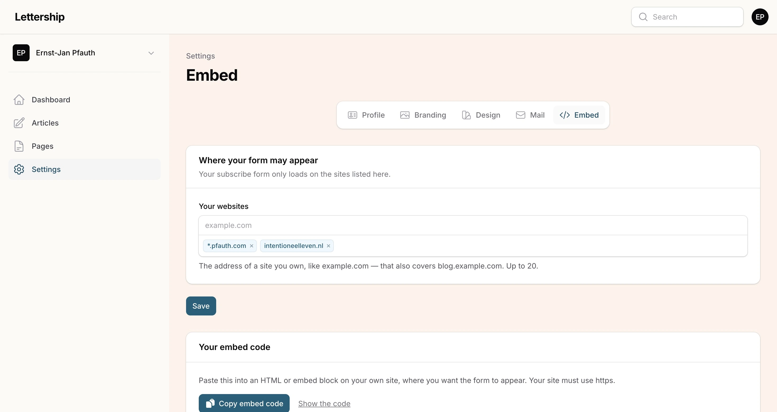 Settings, embed
