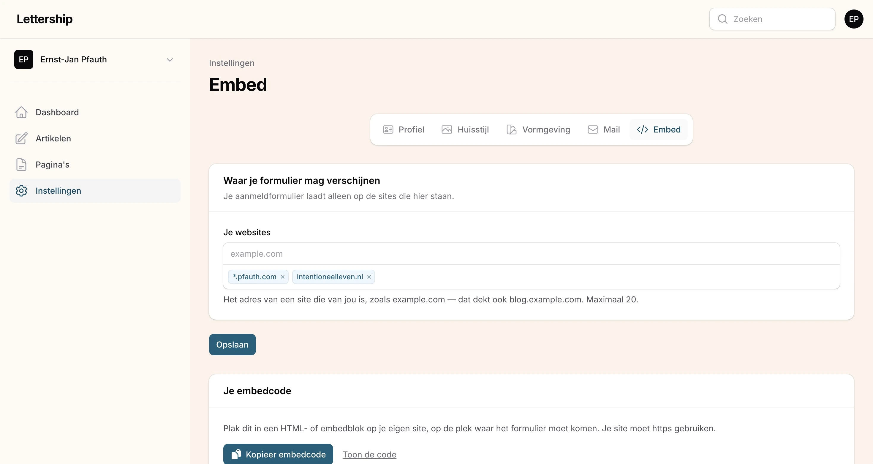 Instellingen embed