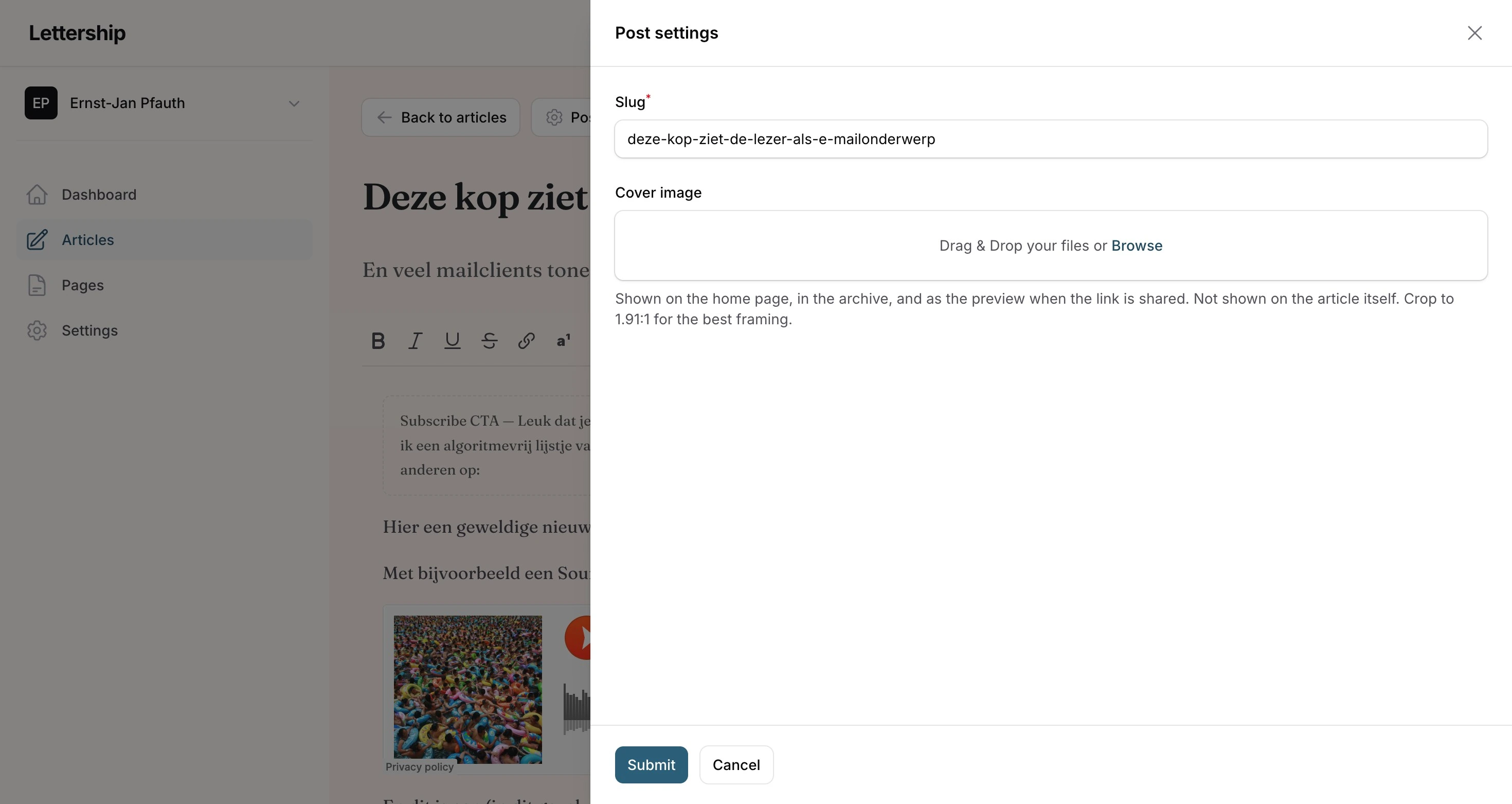 Articles, post settings