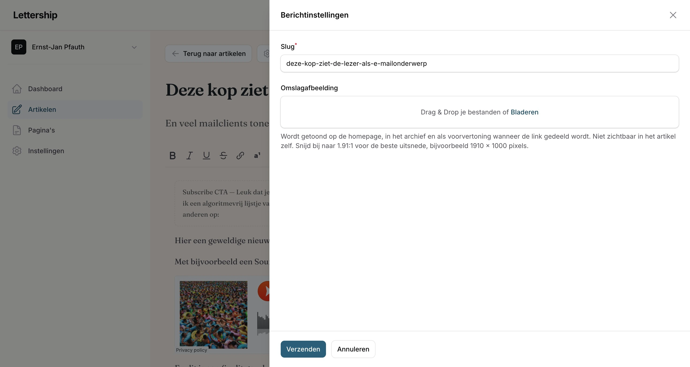 Artikelen berichtinstellingen