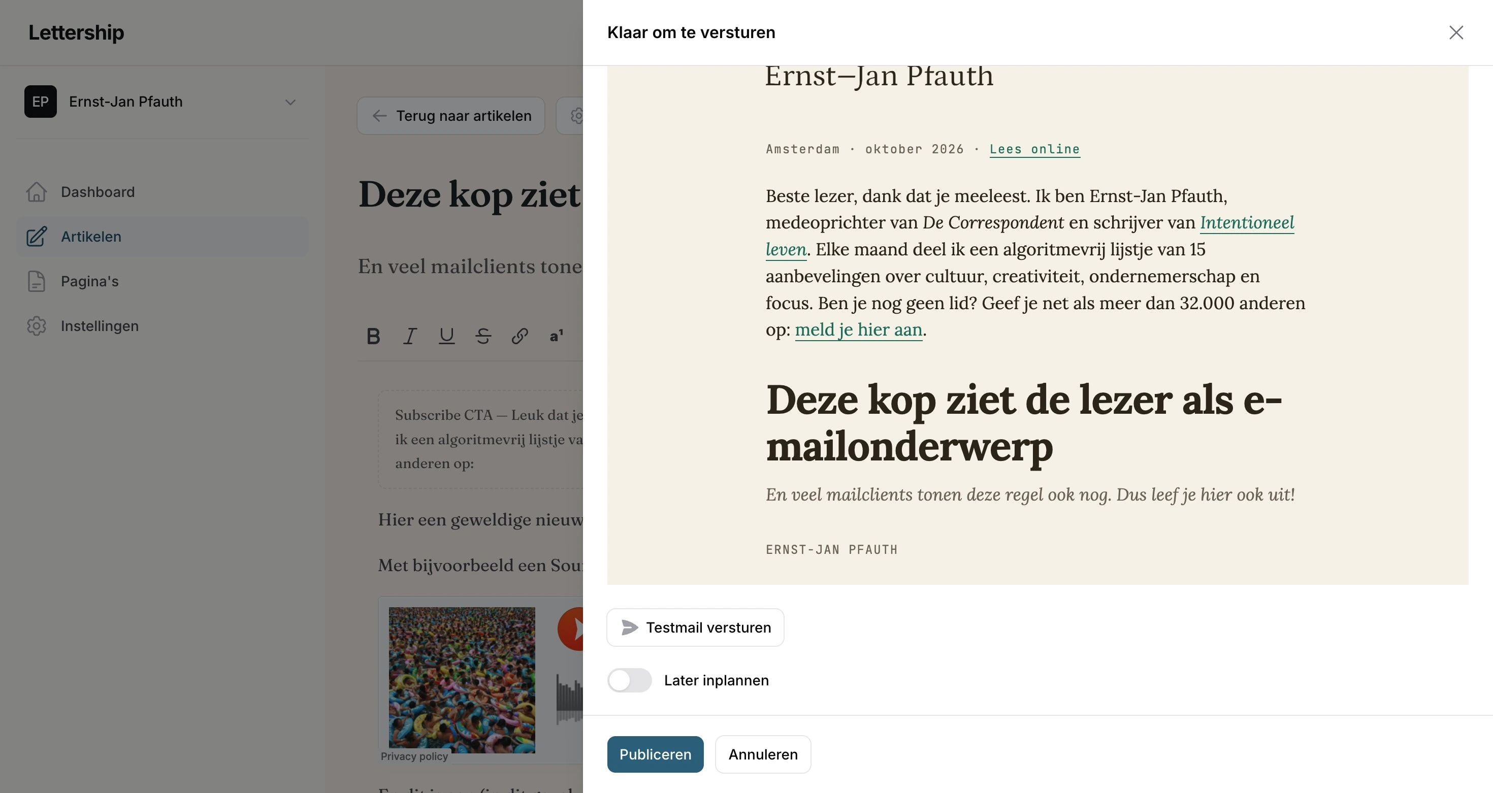 Publiceren testmail inplannen
