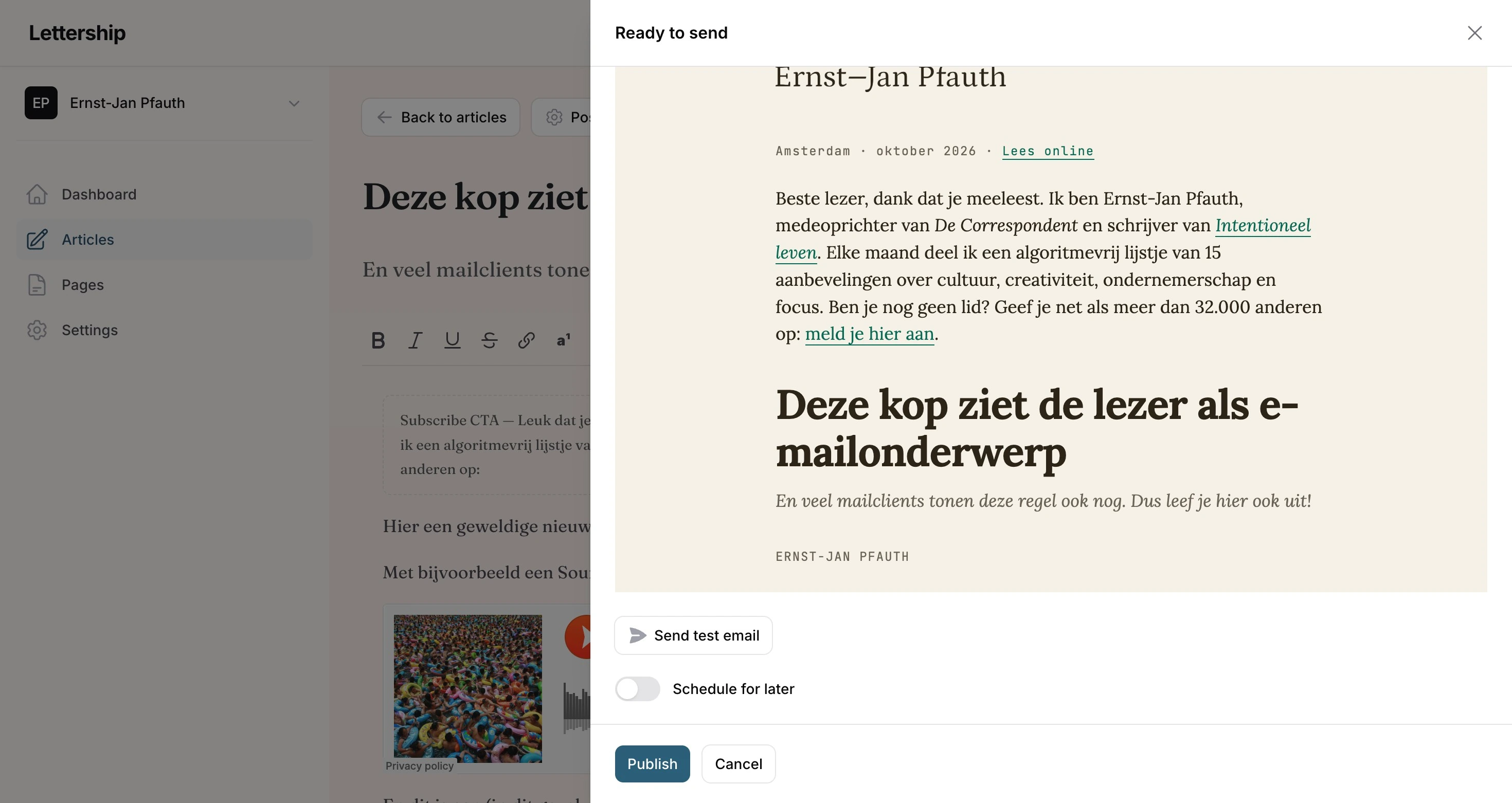 Publish, test email and scheduling